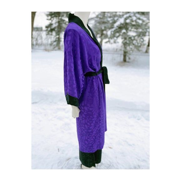 80s Diamond Tea Satin Loungewear Set Kimono Sleeve Duster Robe Trousers Purple B - Picture 7 of 16